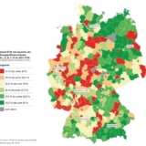 Ostdeutschland und die südlichen Teile Bayerns und Baden-Württembergs bieten besonders viele energieeffiziente Wohnungen. In 92 dunkelrot gekennzeichneten Regionen verfügen weniger als 30 Prozent der angegebenen Wohnungen über eine sehr gute bis durchschnittliche Energieeffizienz (Foto: Postbank).